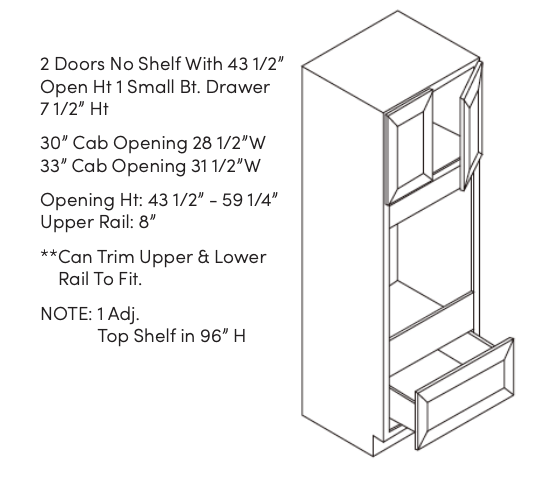 Diagram of a 2-door cabinet with detailed dimensions and shelf notes.